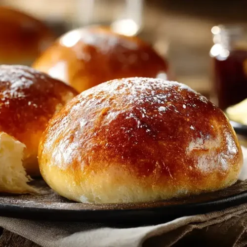 Frisch gebackene Martinsbrötchen mit goldbrauner Kruste auf Holztisch