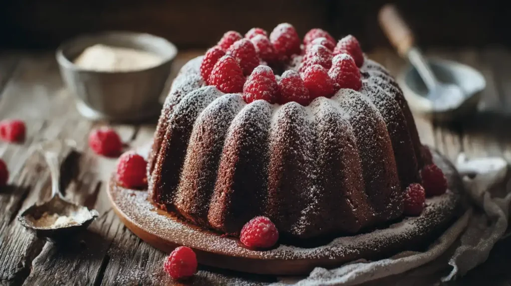 Mayonnaise-Kuchen dekoriert mit frischen Himbeeren und Puderzucker