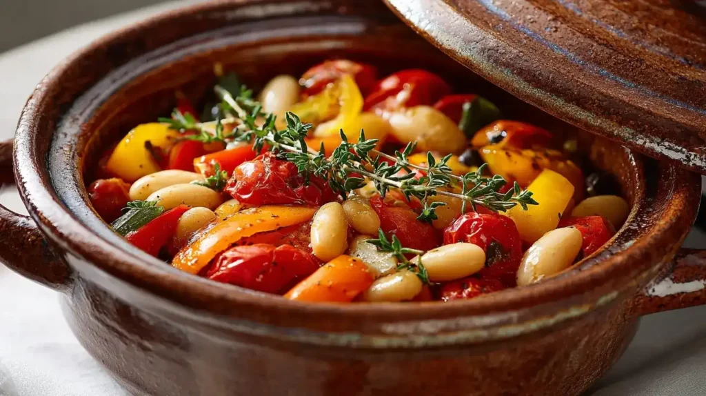 Servierter mediterraner Bohneneintopf mit Cannellini-Bohnen, Paprika, Karotten und Thymian in rustikalem Topf