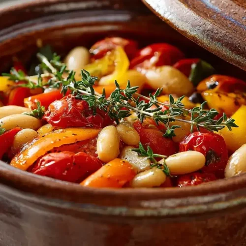 Servierter mediterraner Bohneneintopf mit Cannellini-Bohnen, Paprika, Karotten und Thymian in rustikalem Topf