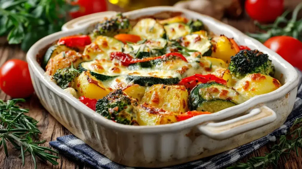 Mediterraner Gemüseauflauf Mediterraner Gemüseauflauf mit Kartoffeln, Zucchini und Mozzarella frisch gebacken