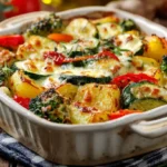 Mediterraner Gemüseauflauf mit Kartoffeln, Zucchini und Mozzarella frisch gebacken