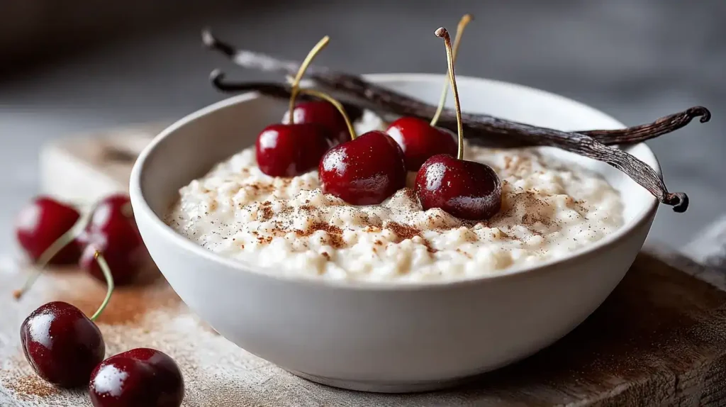 Cremiger Milchreis wie bei Oma mit Zimt-Zucker und Kirschen serviert