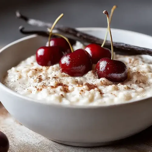 Cremiger Milchreis wie bei Oma mit Zimt-Zucker und Kirschen serviert