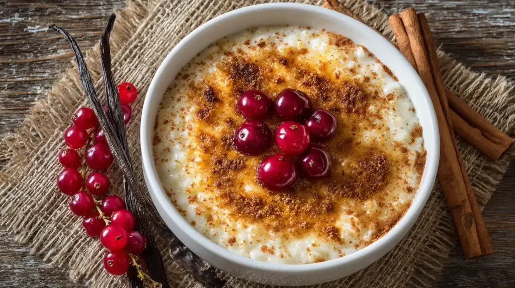 Milchreis wie bei Oma in weißer Schale, dekoriert mit Vanille und frischen Kirschen