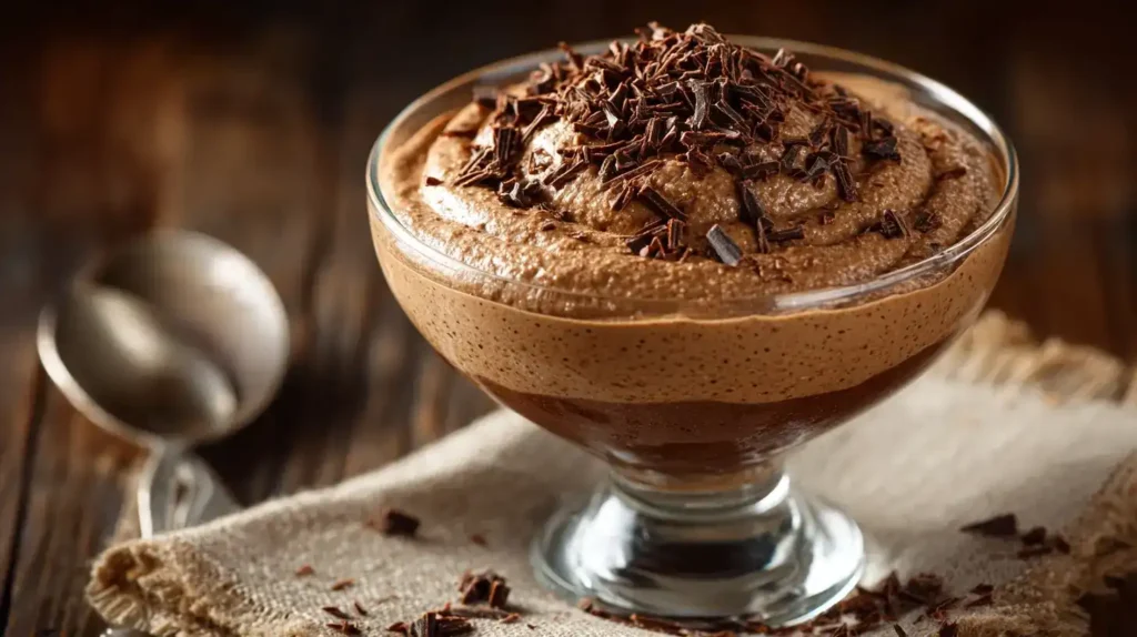 Cremiges Mousse au Chocolat Dessert in einer Glasschale mit geriebener Schokolade