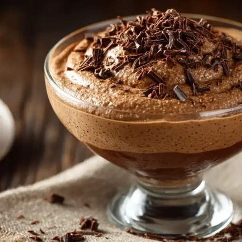 Cremiges Mousse au Chocolat Dessert in einer Glasschale mit geriebener Schokolade
