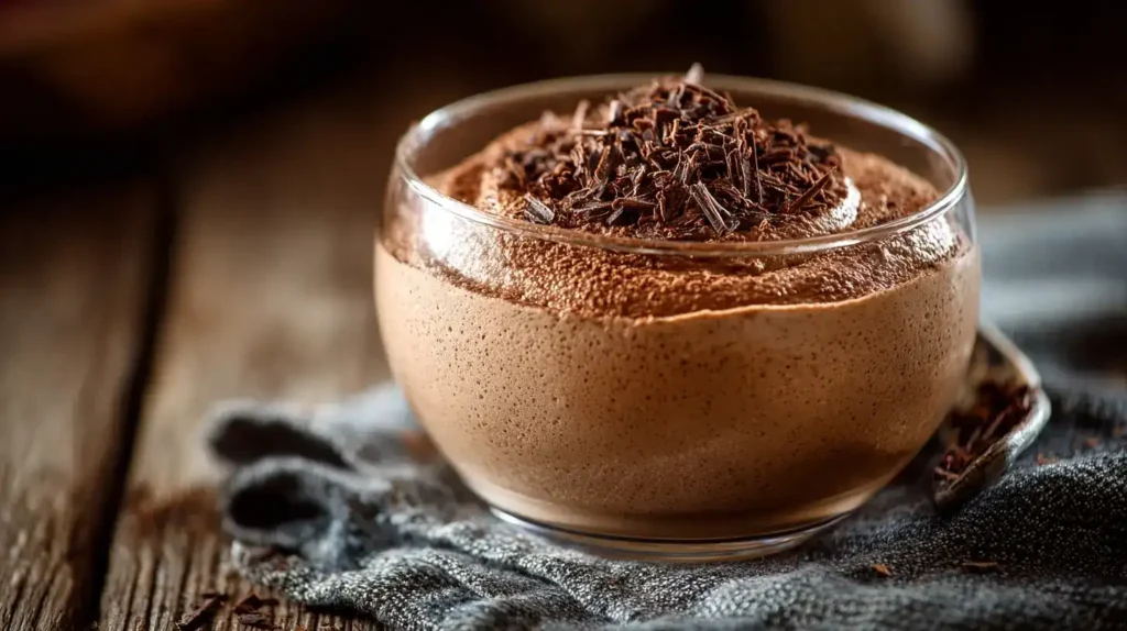 Luftige Mousse au Chocolat auf einem Dessertteller, servierfertig und dekoriert