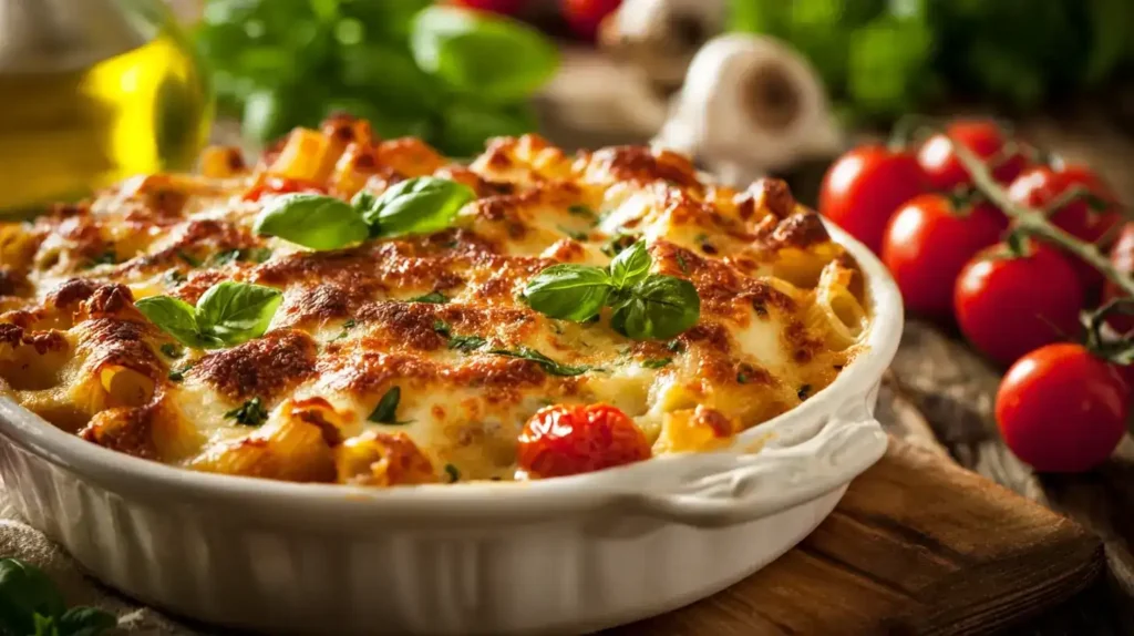 Nudelauflauf mit Mozzarella und Kirschtomaten, serviert in einer Auflaufform, mediterran angerichtet.