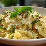 Cremige Nudeln in Käse-Kräutersoße mit Pinienkernen