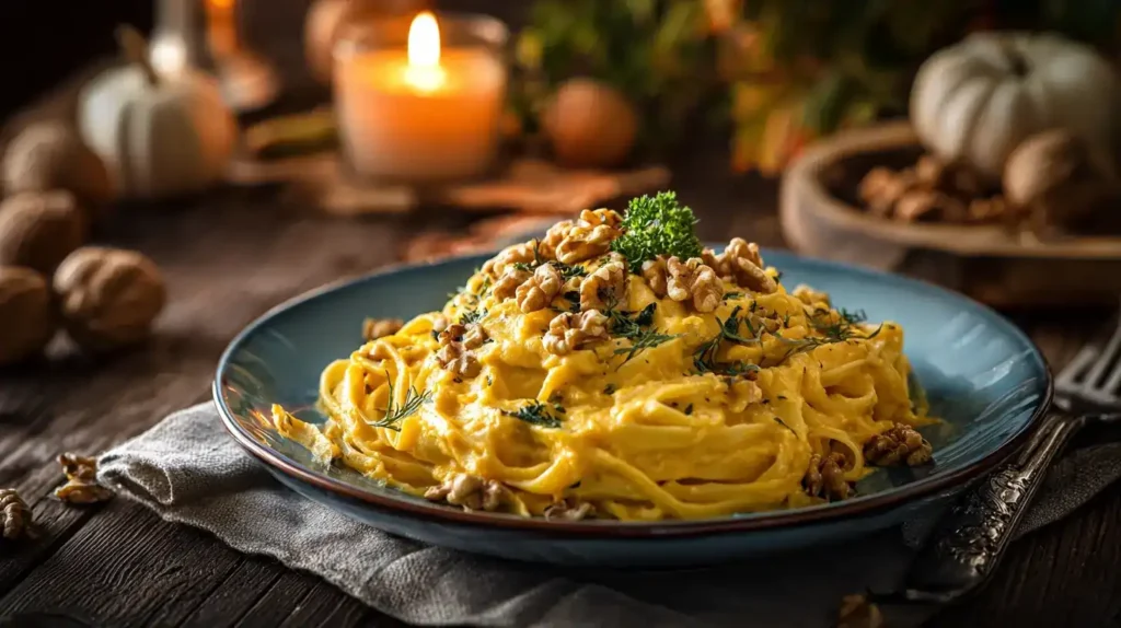 Nahaufnahme von Nudeln mit Kürbis-Sahnesoße, cremig und herbstlich angerichtet