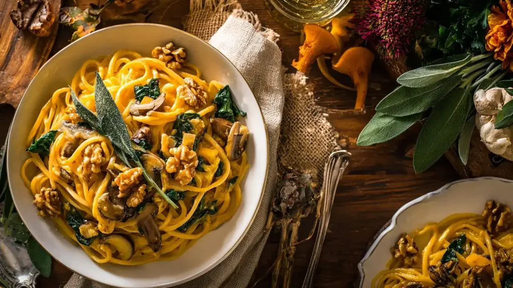 Herbstliches Pasta-Gericht mit geröstetem Kürbis, Champignons und cremiger Parmesansoße, angerichtet auf Teller