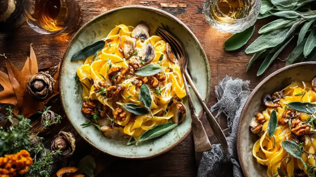 Cremige Nudelpfanne mit Kürbis und Champignons, garniert mit Walnüssen und Salbeiblättern
