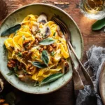 Cremige Nudelpfanne mit Kürbis und Champignons, garniert mit Walnüssen und Salbeiblättern