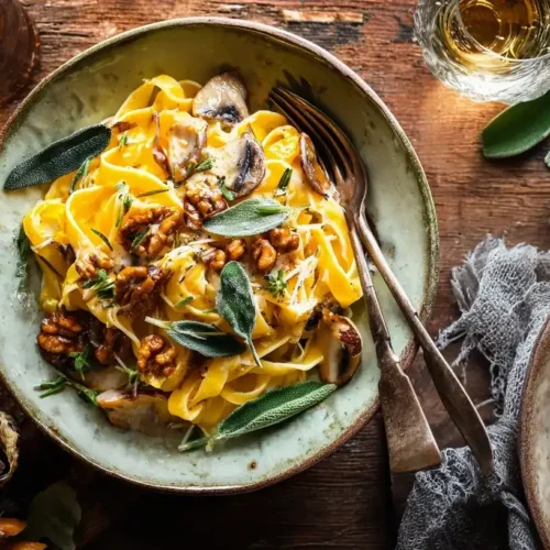 Cremige Nudelpfanne mit Kürbis und Champignons, garniert mit Walnüssen und Salbeiblättern