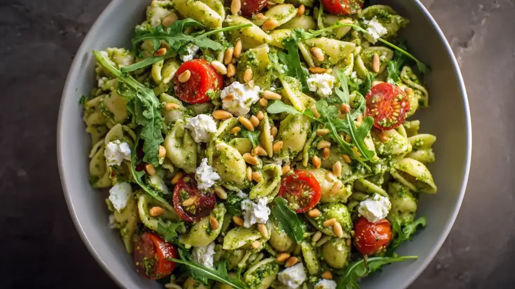 Bunter Nudelsalat ohne Mayo mit Pesto, Rucola, Tomaten, Feta und Pinienkernen