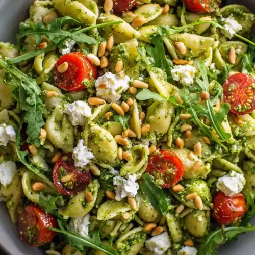 Bunter Nudelsalat ohne Mayo mit Pesto, Rucola, Tomaten, Feta und Pinienkernen