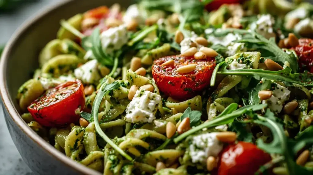 Servierter Nudelsalat ohne Mayo in einer Schüssel, frische mediterrane Zutaten, gesundes Familienessen