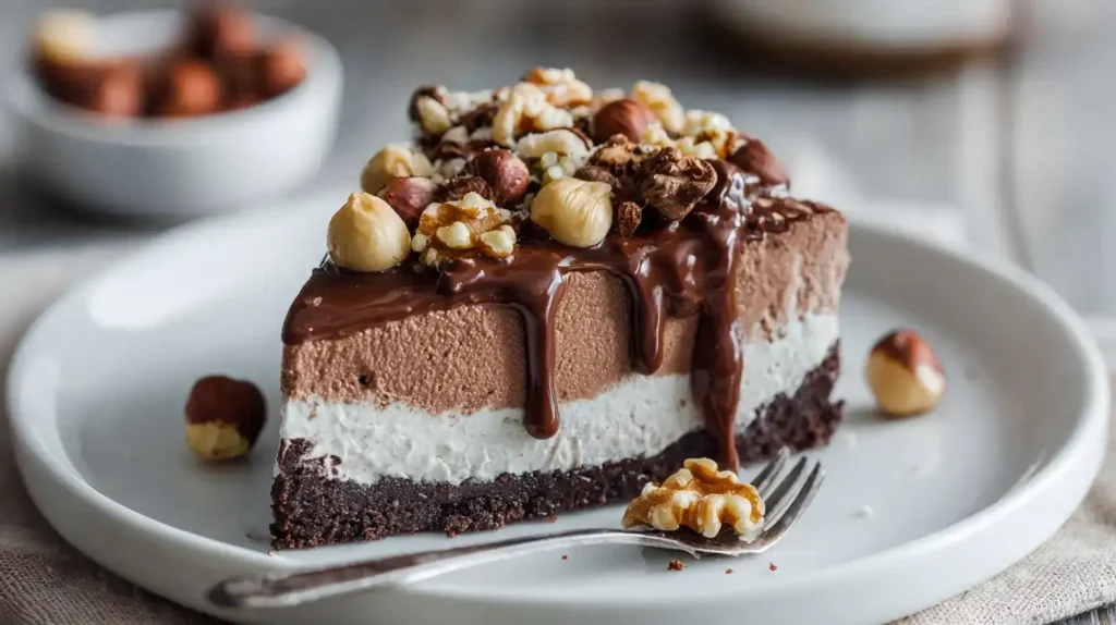 Cremiger Nutellakuchen ohne Backen auf Keksboden mit Schokoladentopping