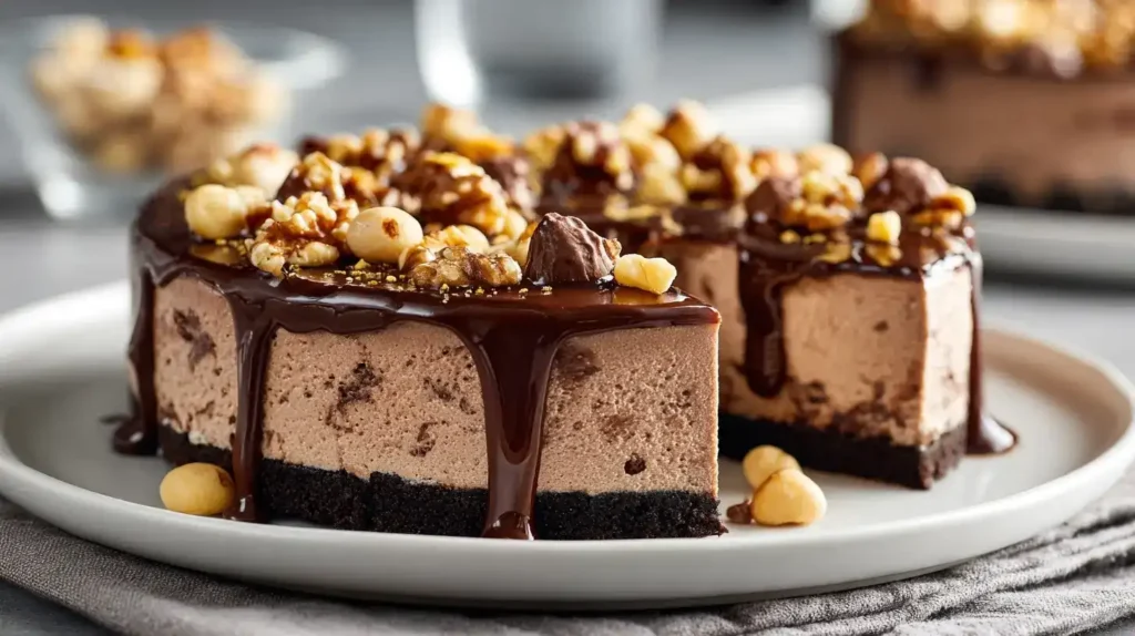 Nahaufnahme von Nutellakuchen ohne Backen mit gerösteten Nüssen und Schokolade