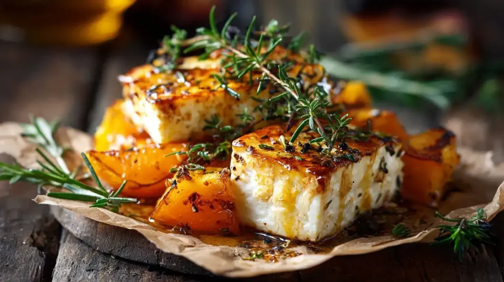 Ofen-Feta trifft Kürbis: Das perfekte herbstliche Wohlfühlgericht Ofen-Feta mit Kürbis frisch aus dem Ofen in Auflaufform