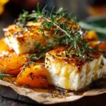 Ofen-Feta mit Kürbis frisch aus dem Ofen in Auflaufform