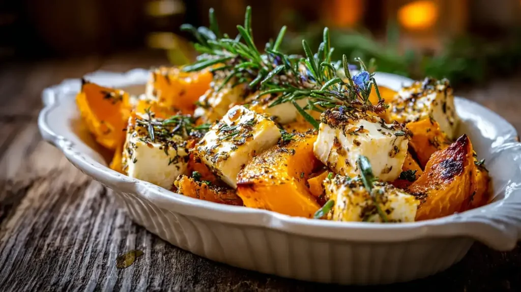 Herbstliches Rezept Ofen-Feta mit Kürbis, Kräutern und Honig