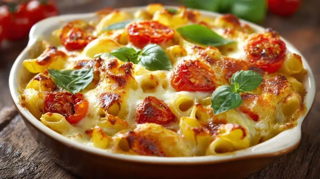 Ofen-Nudeln mit Mozzarella frisch aus dem Ofen, überbacken mit goldbraunem Käse und Basilikum.