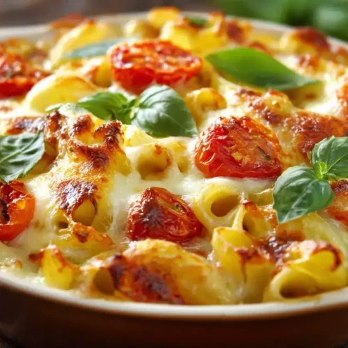 Ofen-Nudeln mit Mozzarella frisch aus dem Ofen, überbacken mit goldbraunem Käse und Basilikum.