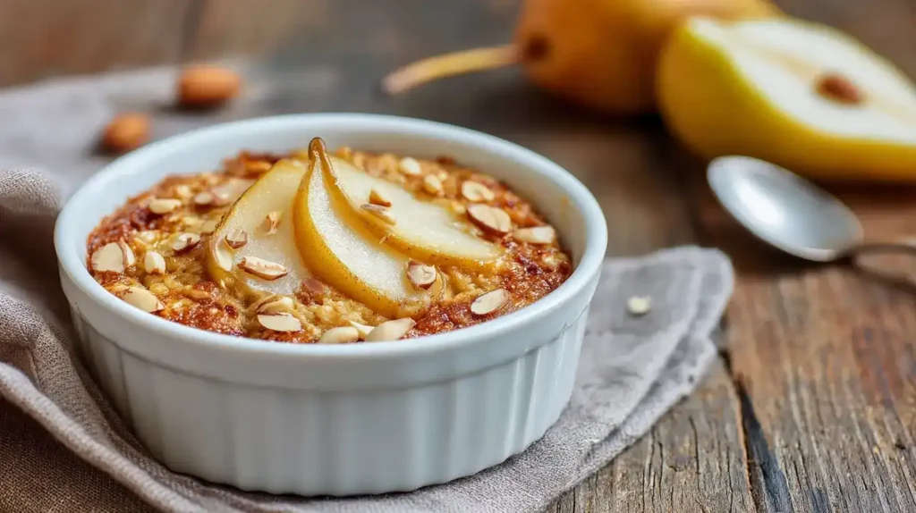 Ofen-Porridge mit Banane und Mandeln in Auflaufform