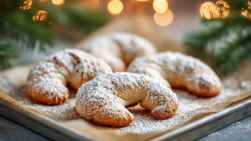 Frisch gebackene Omas Vanillekipferl auf einem Backblech, goldbraun und zart