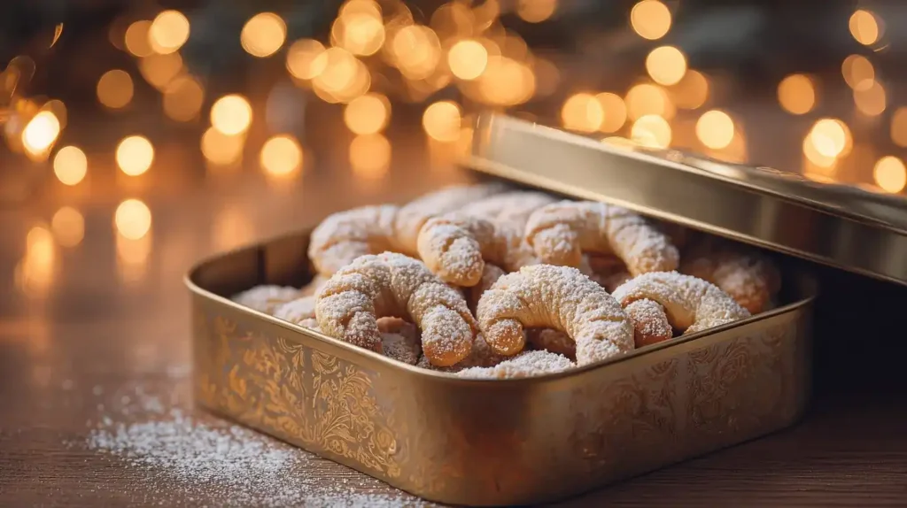 Omas Vanillekipferl in einer traditionellen Weihnachts-Keksdose, dekorativ und appetitlich