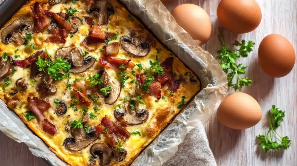 Servierfertiges Omelett vom Blech in Portionen geschnitten