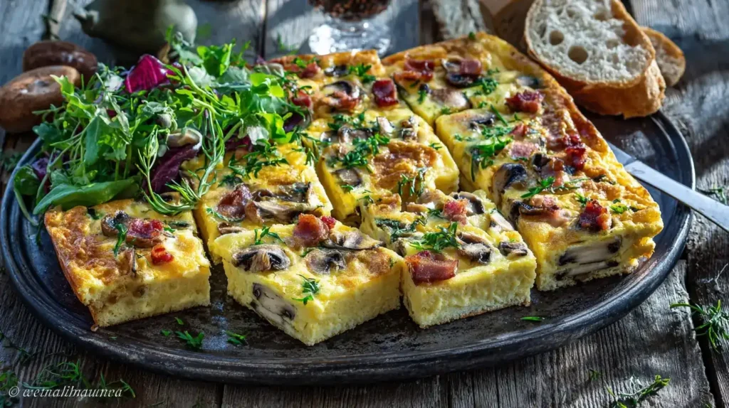 Omelett vom Blech frisch gebacken mit Speck und Pilzen