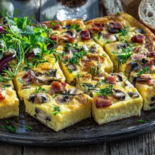 Omelett vom Blech frisch gebacken mit Speck und Pilzen