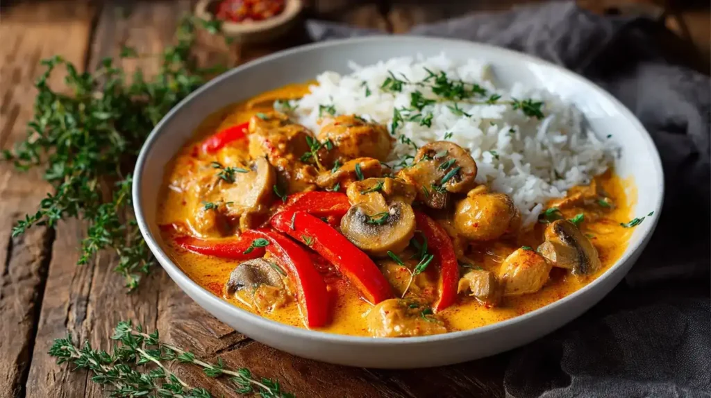 Cremiges Paprika-Curry mit Champignons und Basmati-Reis in Schale serviert