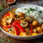 Cremiges Paprika-Curry mit Champignons und Basmati-Reis in Schale serviert