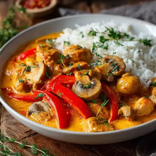 Cremiges Paprika-Curry mit Champignons und Basmati-Reis in Schale serviert