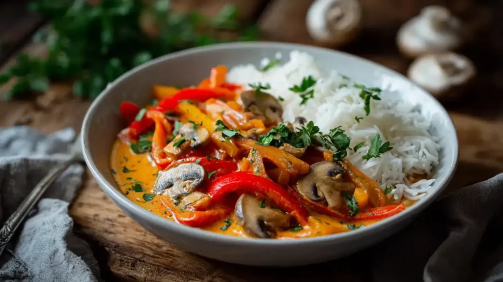 Nahaufnahme von Paprika-Curry mit Kokosmilch, frischen Kräutern und Gewürzen