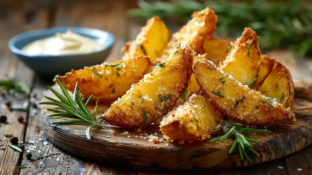 Goldbraune Parmesan-Kartoffeln auf Teller mit Dip und Rosmarin