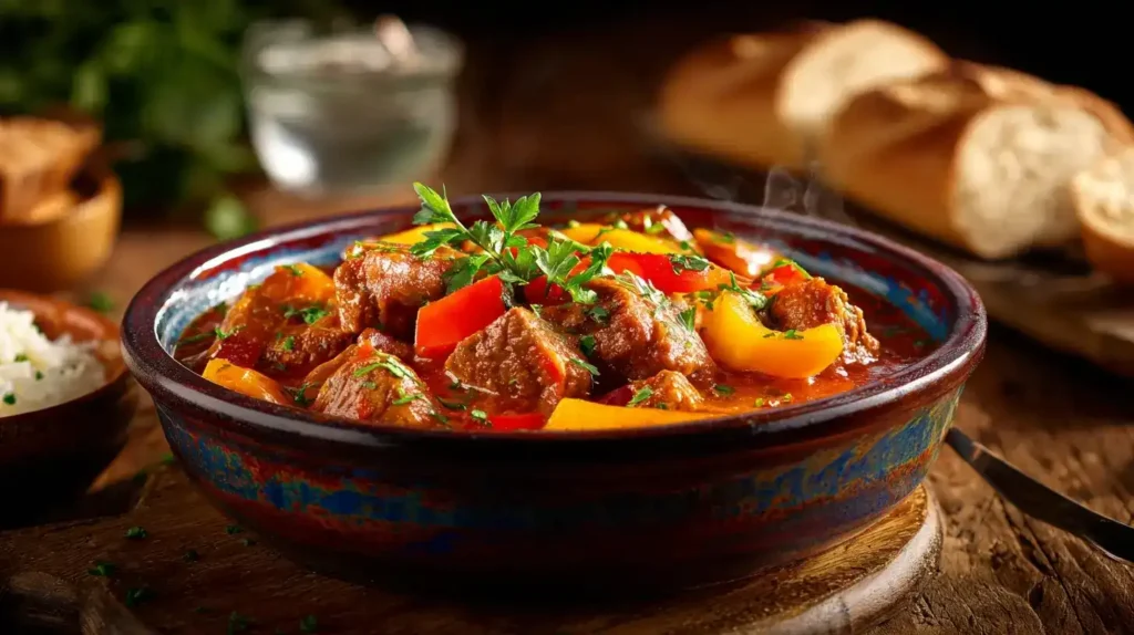 Party Pfundstopf im Schmortopf mit Rind- und Schweinegulasch, Paprika und cremiger Soße