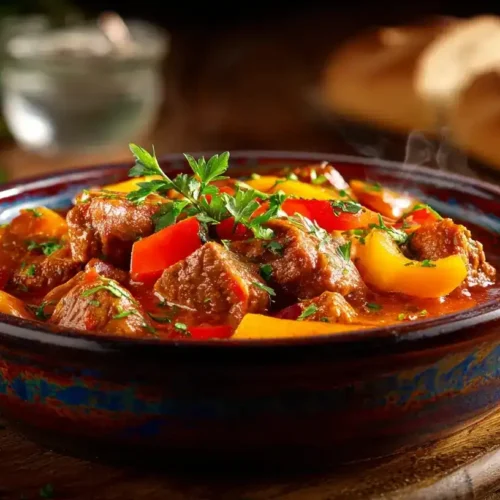 Party Pfundstopf im Schmortopf mit Rind- und Schweinegulasch, Paprika und cremiger Soße