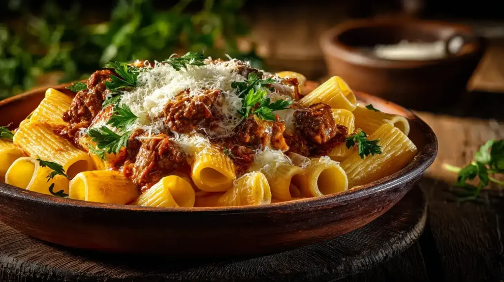 Nahaufnahme von Pasta mit Parmesan-Rindfleisch-Soße, Rigatoni mit zartem Rindfleisch und geschmolzenem Parmesan.