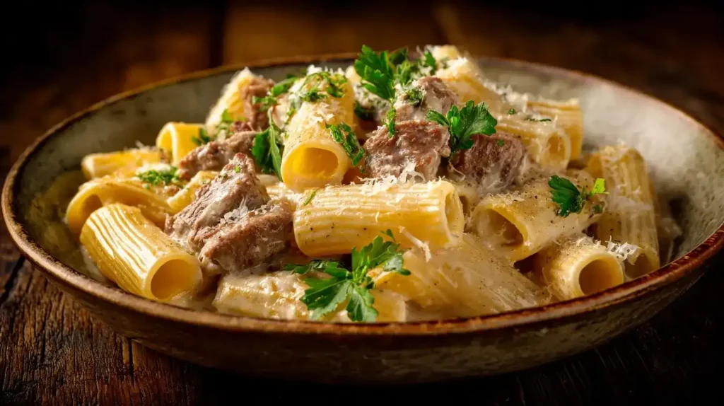 Cremige Pasta mit Parmesan-Rindfleisch-Soße serviert auf einem Teller mit frischer Petersilie und geriebenem Parmesan.