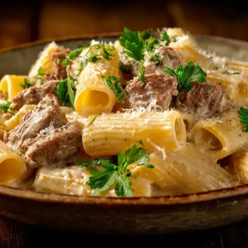 Cremige Pasta mit Parmesan-Rindfleisch-Soße serviert auf einem Teller mit frischer Petersilie und geriebenem Parmesan.