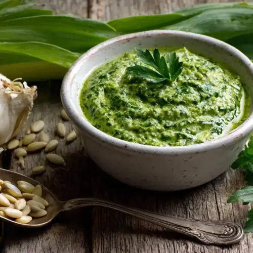 Cremiges Petersilienpesto in Schale mit frischer Petersilie und Sonnenblumenkernen