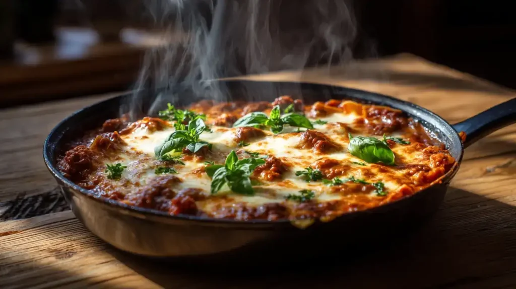 Nahaufnahme von cremiger Pfannenlasagne mit Mozzarella und Basilikum