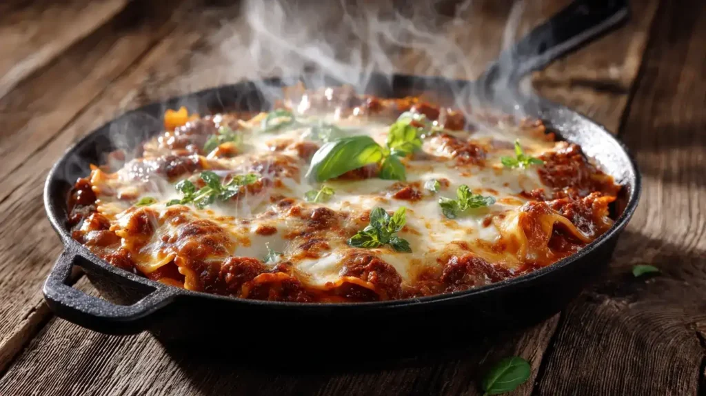 Pfannenlasagne mit Mozzarella in Pfanne serviert