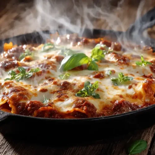 Pfannenlasagne mit Mozzarella in Pfanne serviert