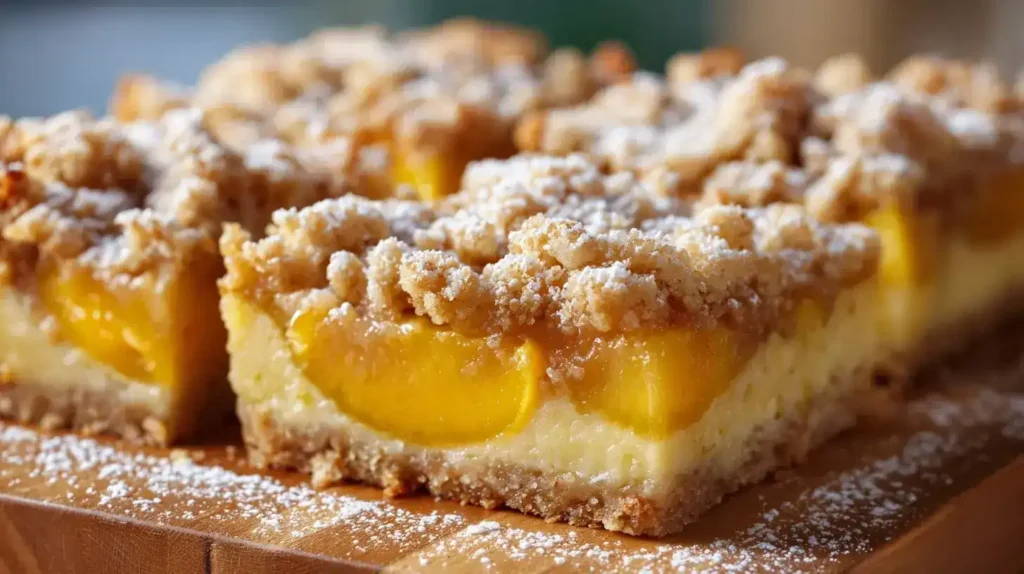 Pfirsich-Quark-Kuchen vom Blech mit goldbraunen Streuseln und saftigen Pfirsichen